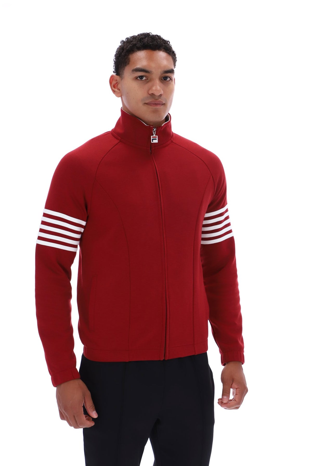 Fila Vintage Patrice cut and sew 5 stripe track top in deep red and white, featuring a classic athletic design.