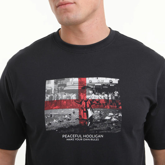 Peaceful Hooligan George T-Shirt in navy color, casual fit with graphic design on front, made from comfortable fabric.