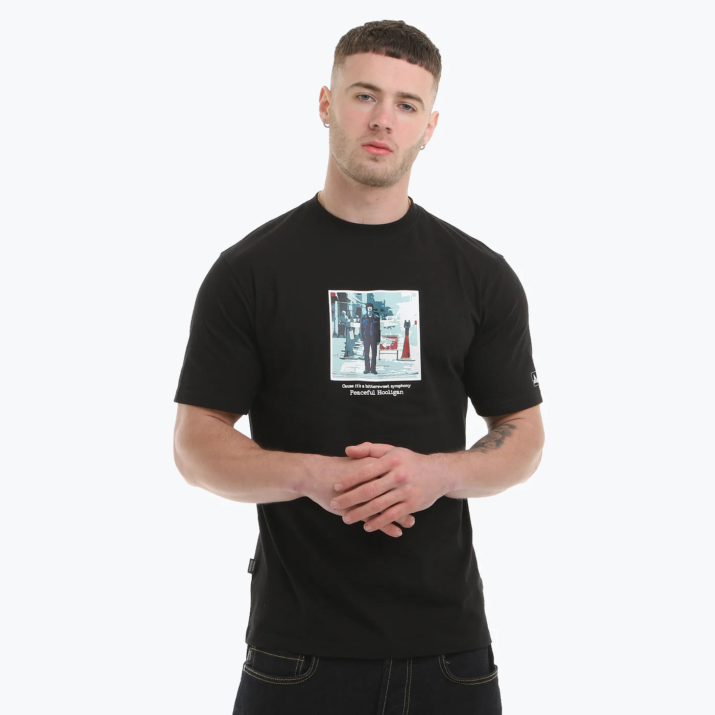 Black Peaceful Hooligan Symphony T-Shirt featuring a graphic design on the front, casual fit, and soft cotton fabric.