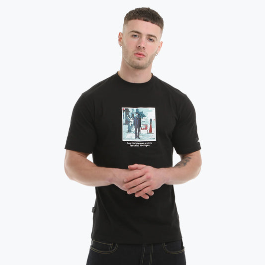 Black Peaceful Hooligan Symphony T-Shirt featuring a graphic design on the front, casual fit, and soft cotton fabric.