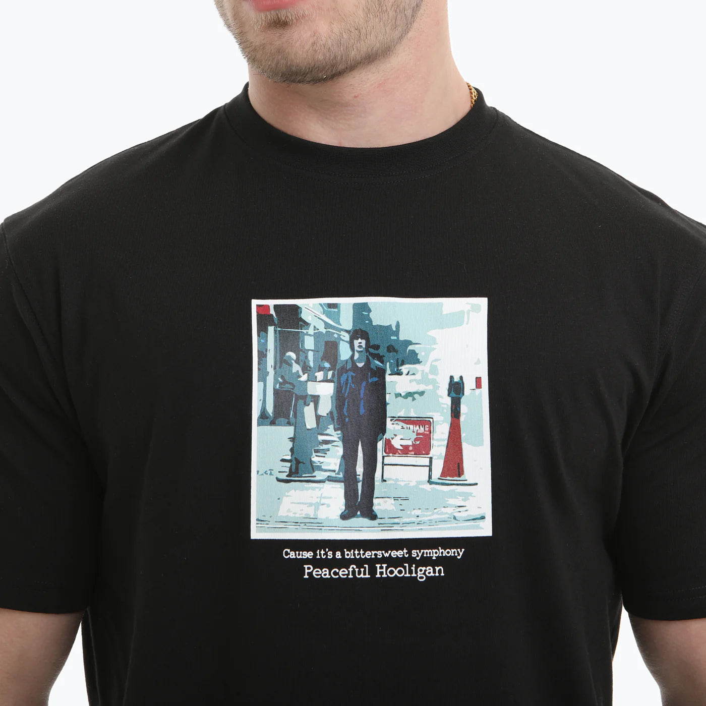 Black Peaceful Hooligan Symphony T-Shirt featuring a graphic design on the front, made from soft cotton fabric.