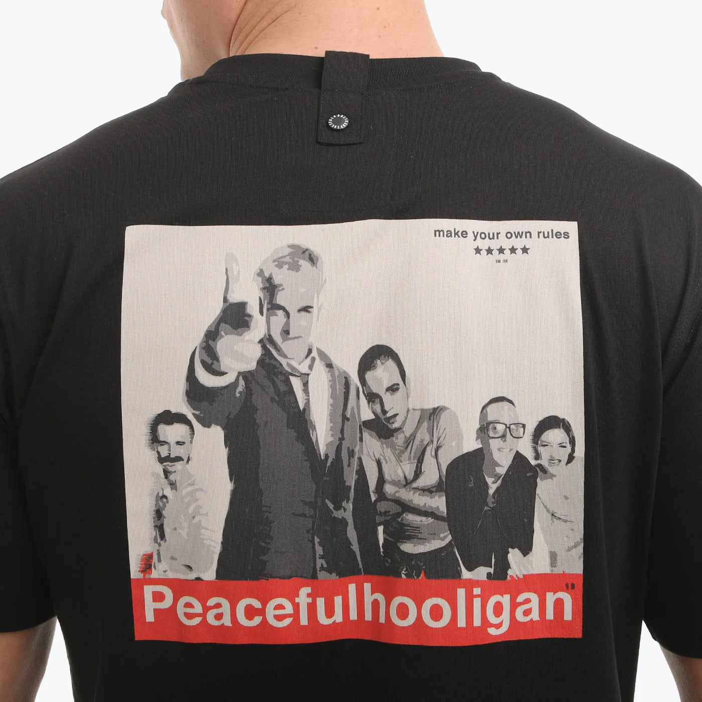 Black Peaceful Hooligan Trainspotters T-Shirt displaying a train-themed graphic on the front.