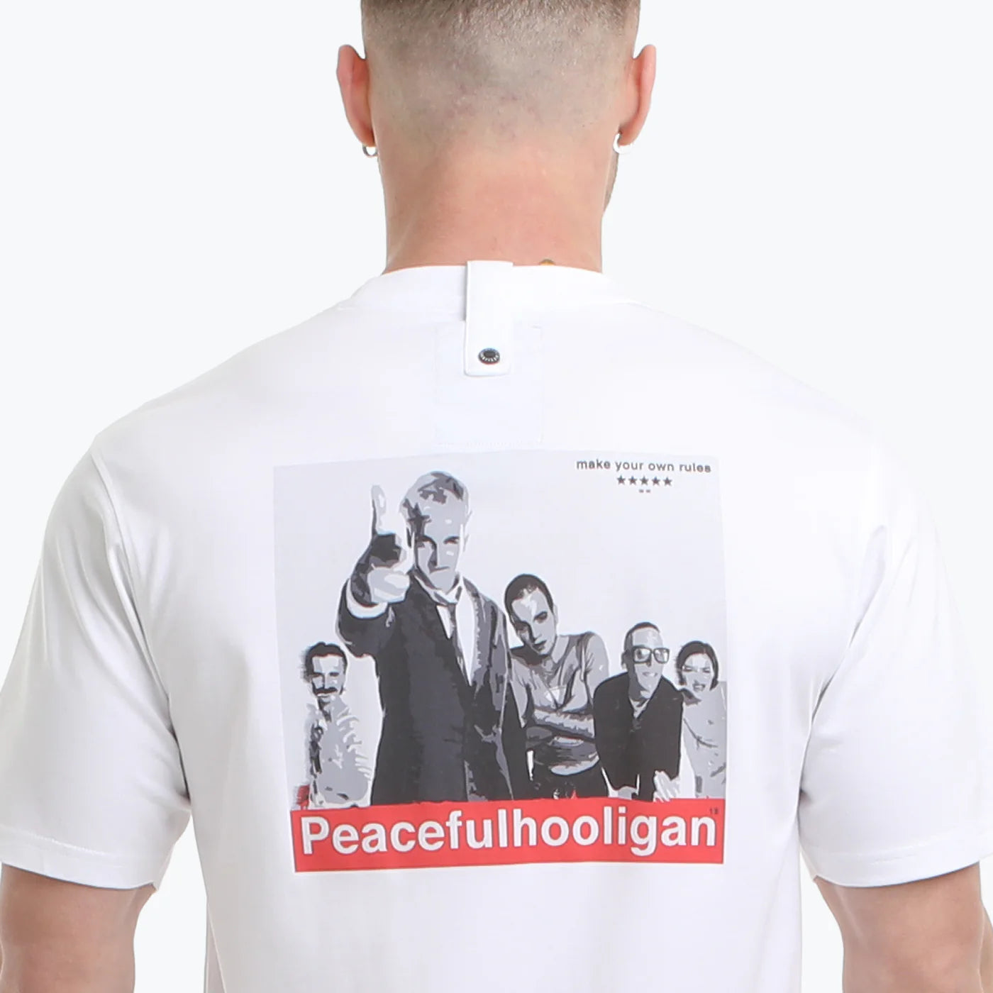 White Peaceful Hooligan Trainspotters T-Shirt with train design and casual fit, perfect for train enthusiasts and casual wear.