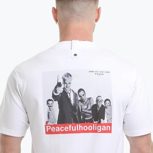 White Peaceful Hooligan Trainspotters T-Shirt with train design and casual fit, perfect for train enthusiasts and casual wear.