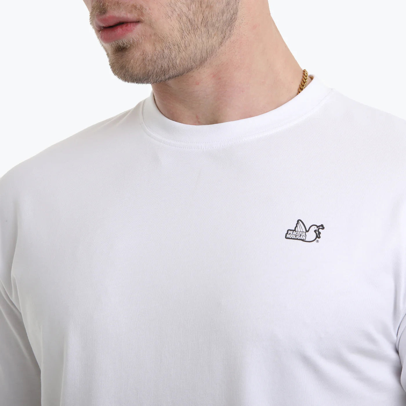 White Peaceful Hooligan Trainspotters T-Shirt featuring a trainspotting graphic on the front, casual and comfortable fit.
