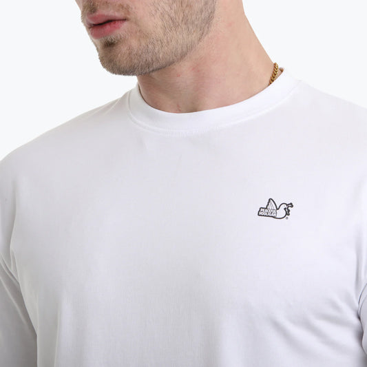 White Peaceful Hooligan Trainspotters T-Shirt featuring a trainspotting graphic on the front, casual and comfortable fit.