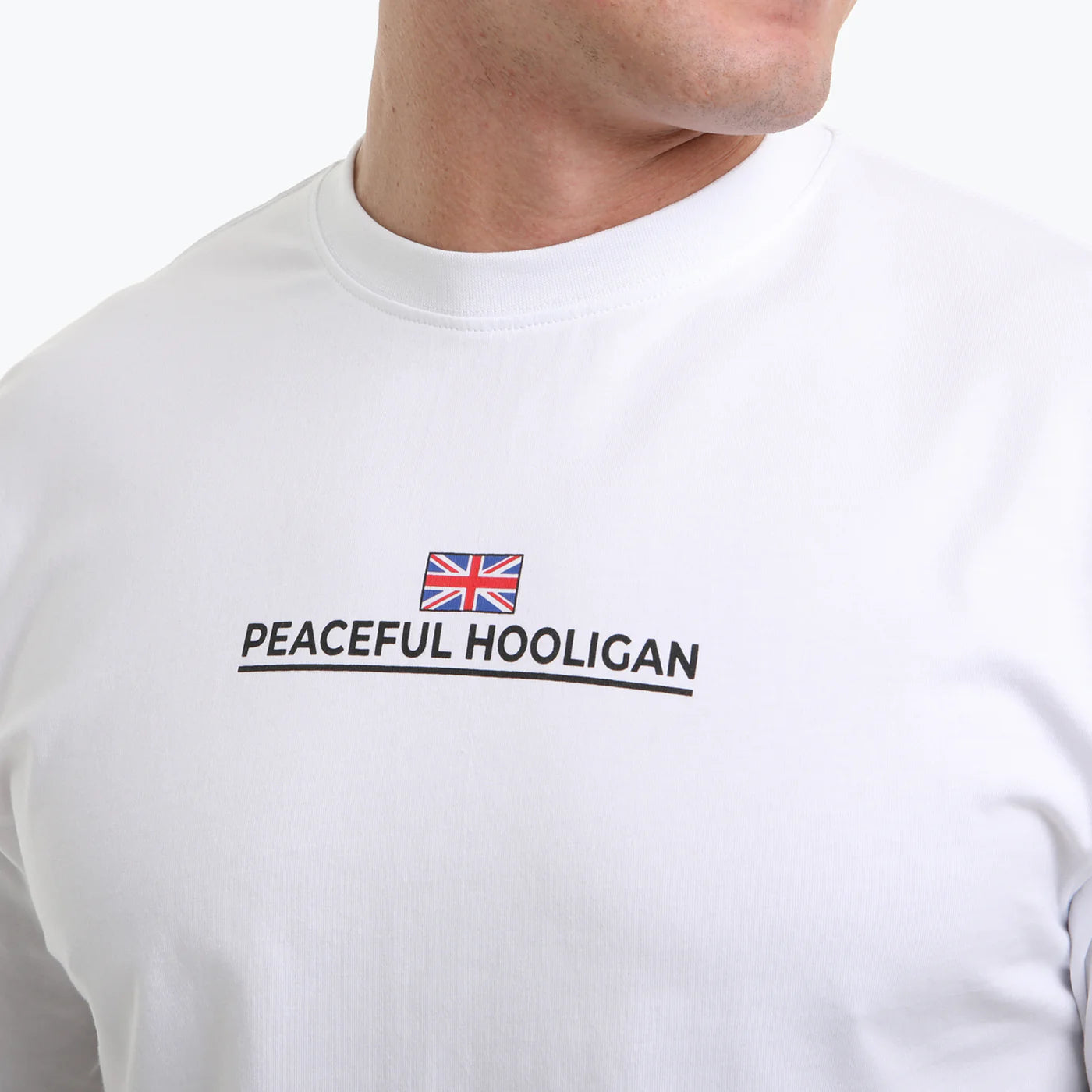 White Peaceful Hooligan Union T-Shirt with logo design, soft cotton fabric, and classic fit displayed on a plain background.