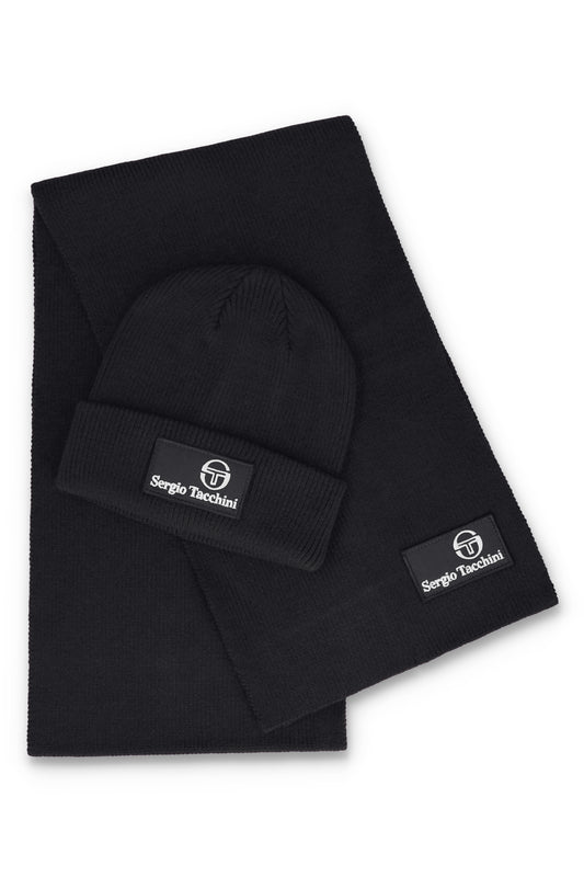 Sergio Tacchini Primo black and peyote beanie and scarf box set, cozy knit accessories for cold weather.