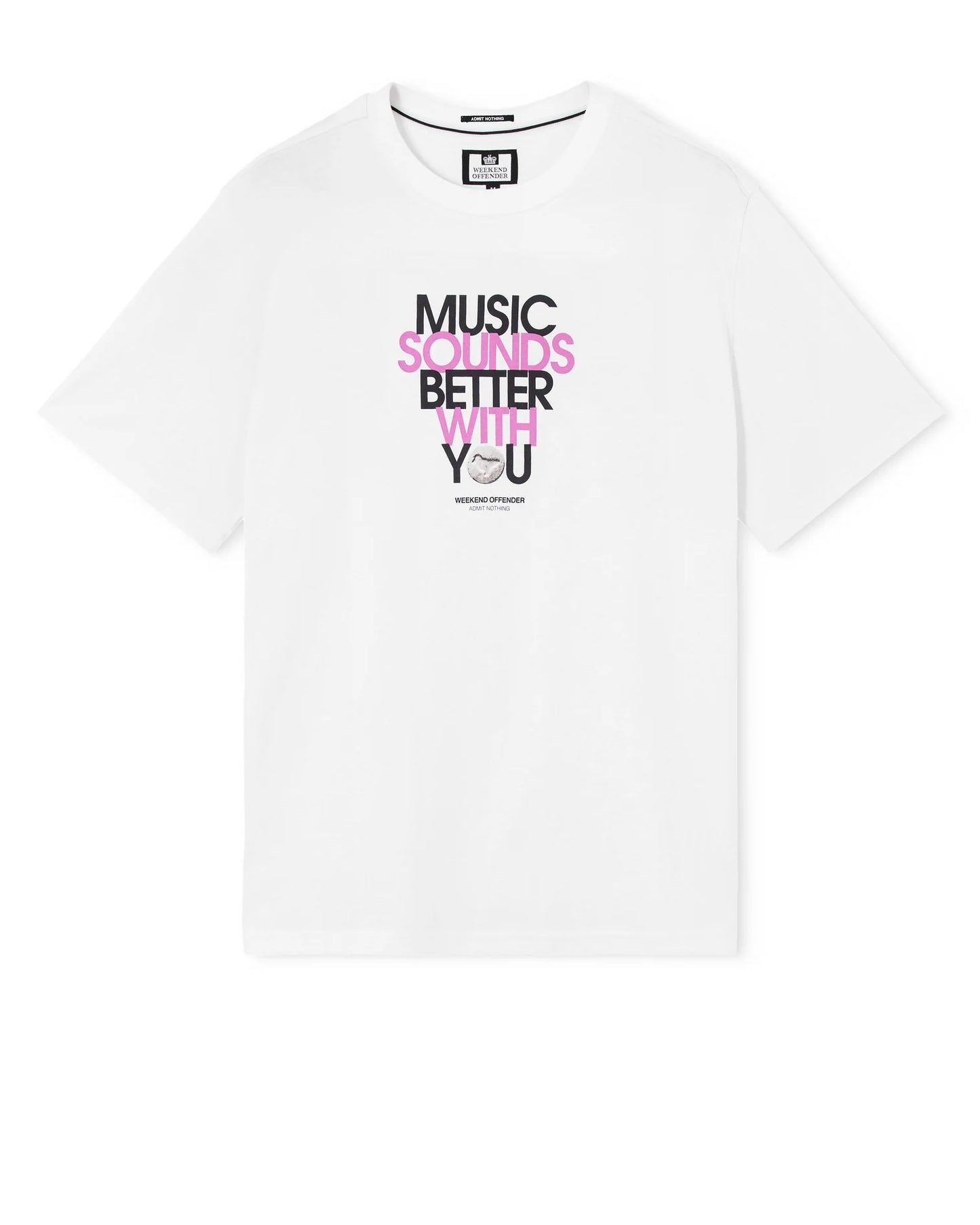 White Weekend Offender Bangalter graphic T-shirt featuring bold print on the front and casual fit.