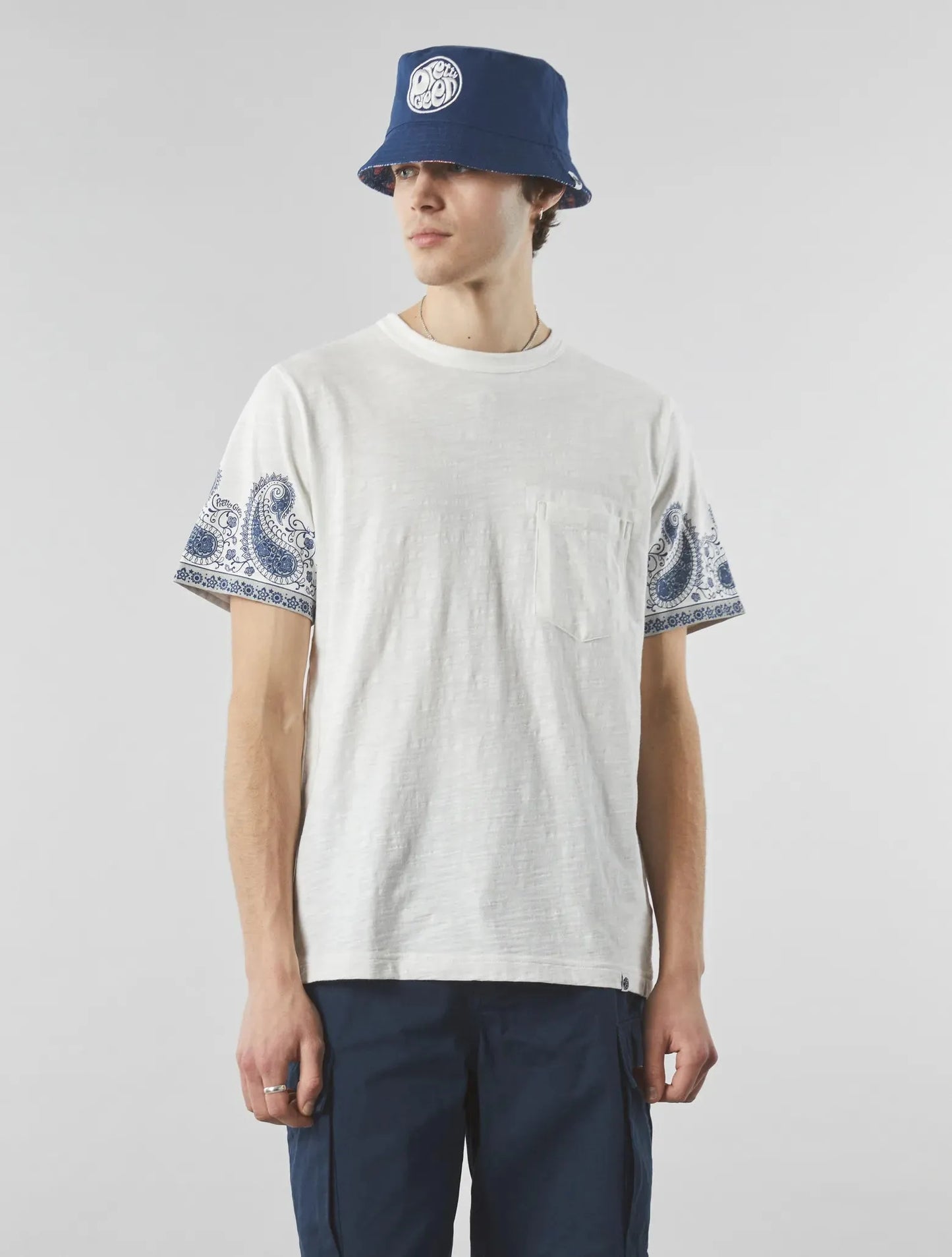 Pretty Green Laguna Paisley Sleeve T-Shirt In White