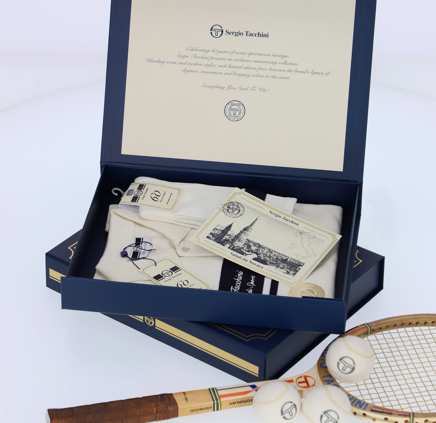 Sergio Tacchini 60th Anniversary Youngline Polo shirt in Gardenia and Maritime Blue, featuring a classic fit and embroidered logo.