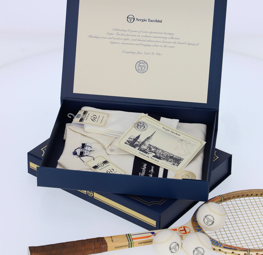 Sergio Tacchini 60th Anniversary Youngline Polo shirt in Gardenia and Maritime Blue, featuring a classic fit and embroidered logo.