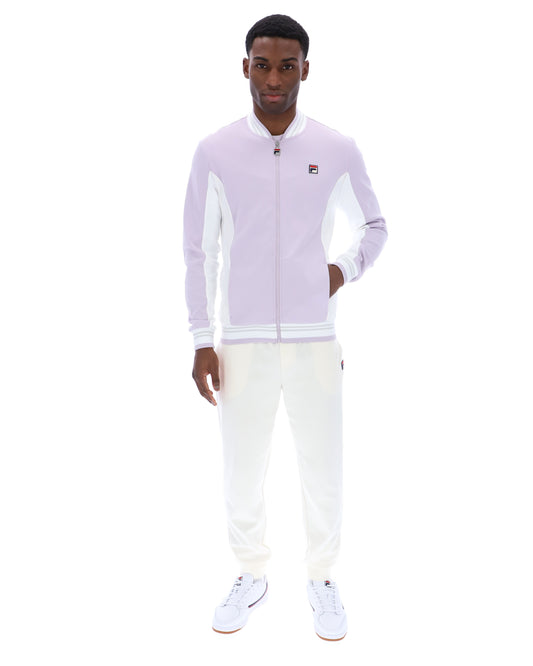Fila vintage Settanta track top in misty lilac, dawn blue, and white, shown with front view and zip-up design.