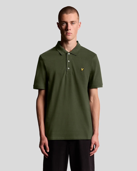 Olive green Lyle & Scott cotton polo shirt with classic collar and button placket, displayed on a white background.
