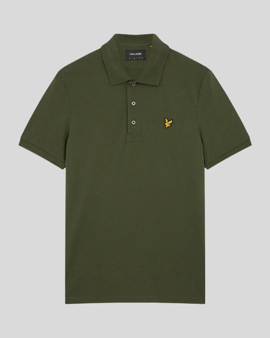 Olive green Lyle & Scott cotton polo shirt with collar and buttons, displayed on a plain background.