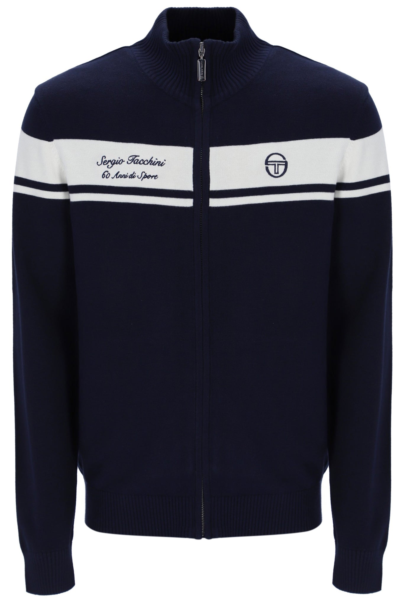 Sergio Tacchini 60th Anniversary Track Top in Maritime Blue and Gardenia, featuring sporty design and brand logo.