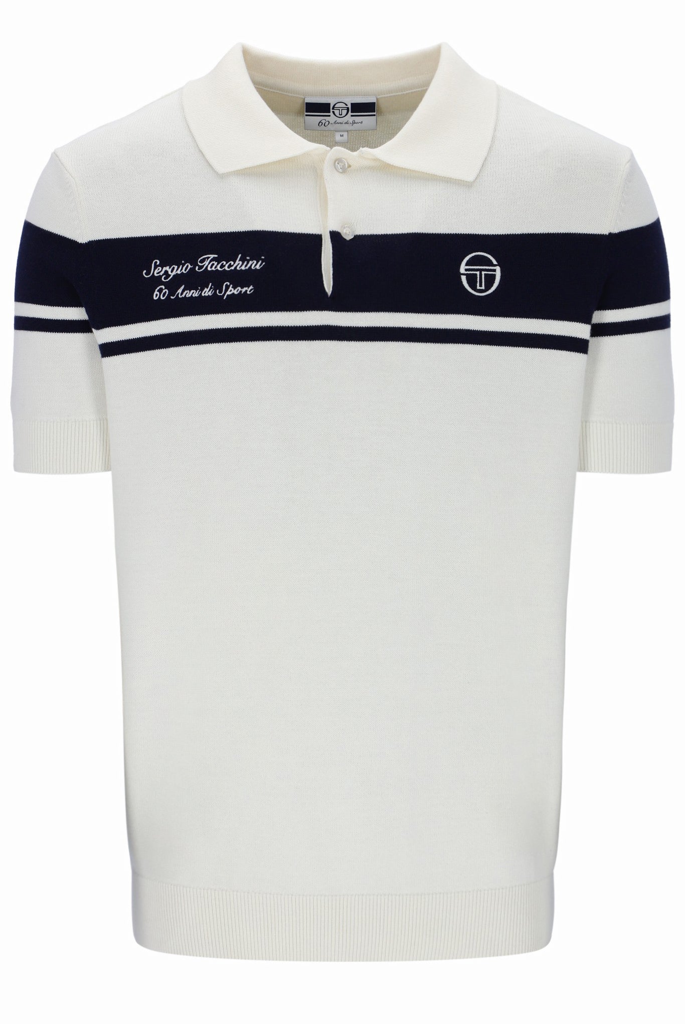 Sergio Tacchini 60th Anniversary Youngline Polo shirt in Gardenia and Maritime Blue, featuring a classic collar and embroidered logo.