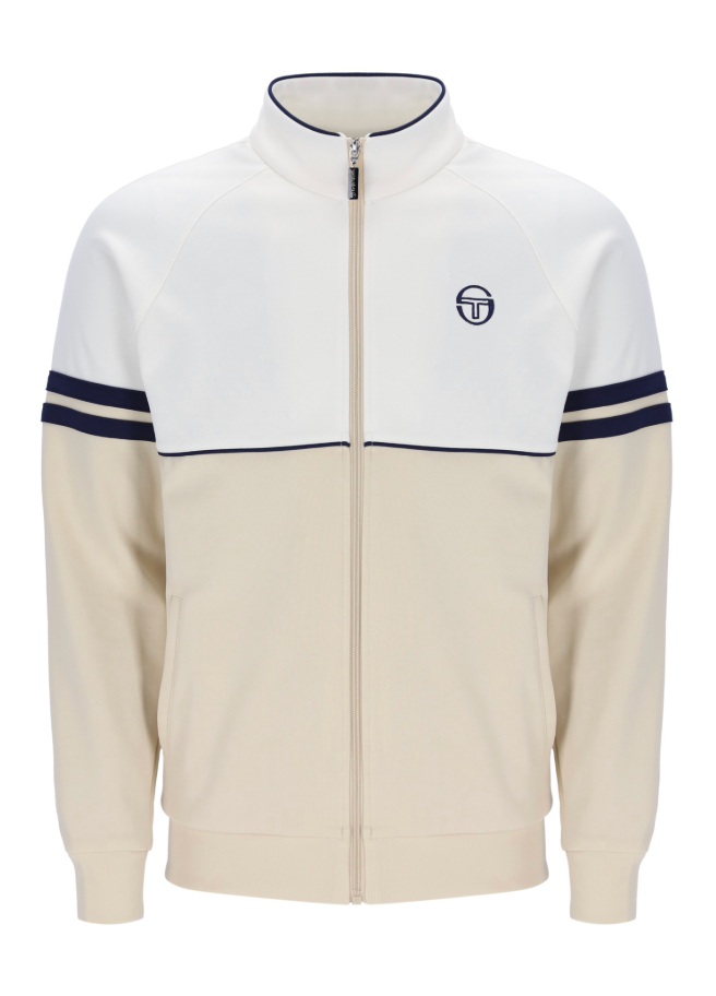 Sergio Tacchini Orion track top in Gardenia, Sandshell, and Maritime Blue with a sporty design and zip closure.