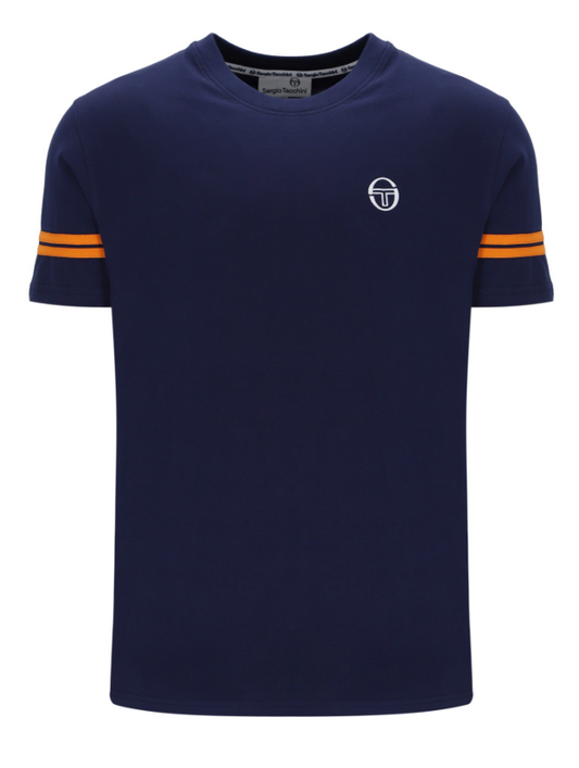 Sergio Tacchini Grello crew neck T-shirt in maritime blue with orange pepper accents, casual fit, front view.