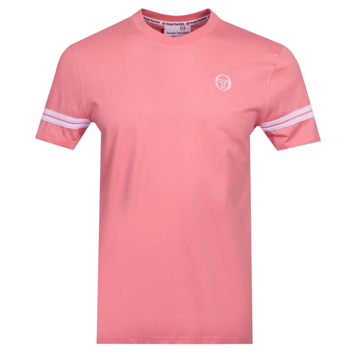 Sergio Tacchini Grello crew neck T-shirt in geranium pink and white, displaying a casual fit and color-block design.