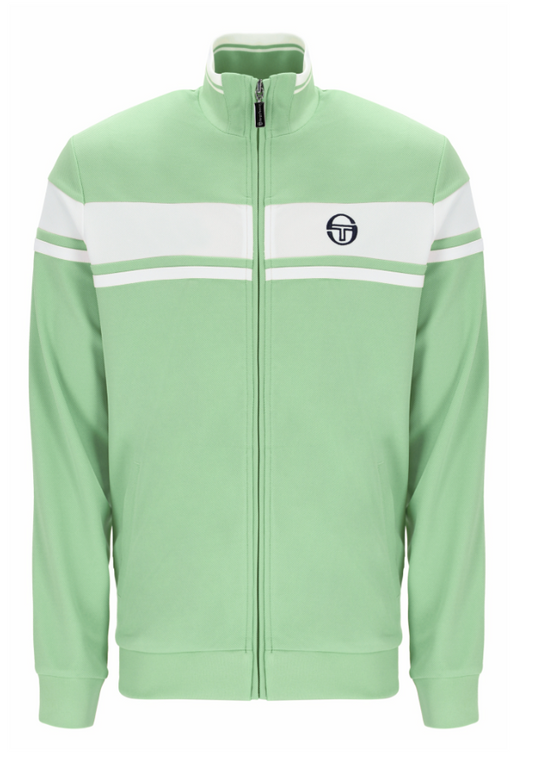 Sergio Tacchini Damarindo track top in quiet green and gardenia, displayed with matching shorts on a model.