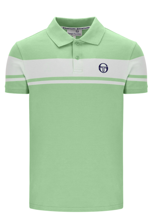 Sergio Tacchini Young Line polo shirt in quiet green and white with collar and short sleeves, displayed on a plain background.
