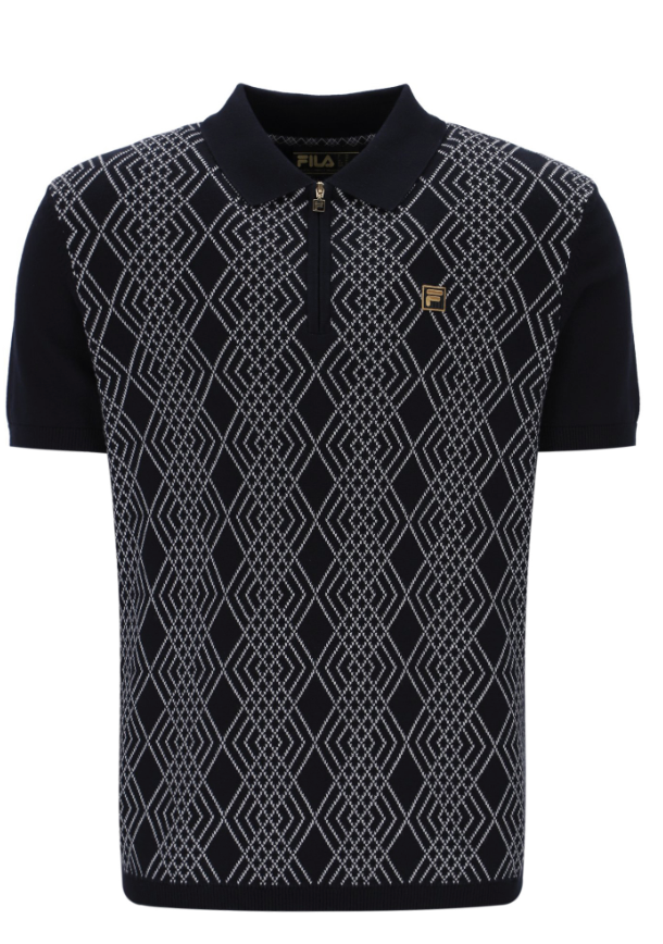Black Fila Gold Castello knitted polo shirt with collar and short sleeves, featuring subtle gold branding details.