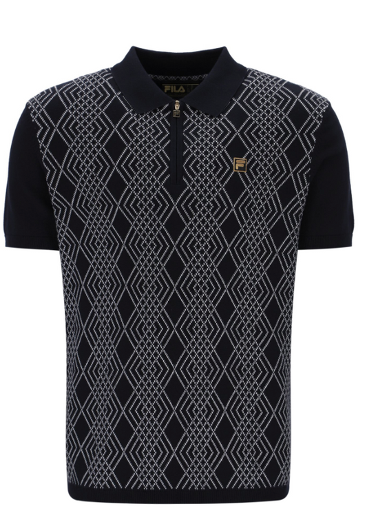 Black Fila Gold Castello knitted polo shirt with collar and short sleeves, featuring subtle gold branding details.