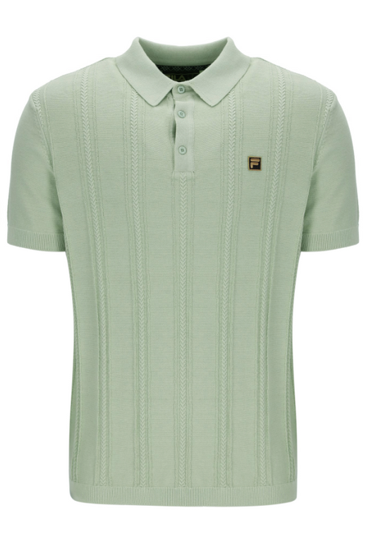 Fila Gold Barnes knitted polo shirt in seafoam color, featuring a classic collar and button placket, displayed on a neutral background.