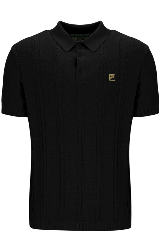 Black Fila Gold Barnes knitted polo shirt, featuring a classic collar and subtle gold branding, displayed on a plain background.