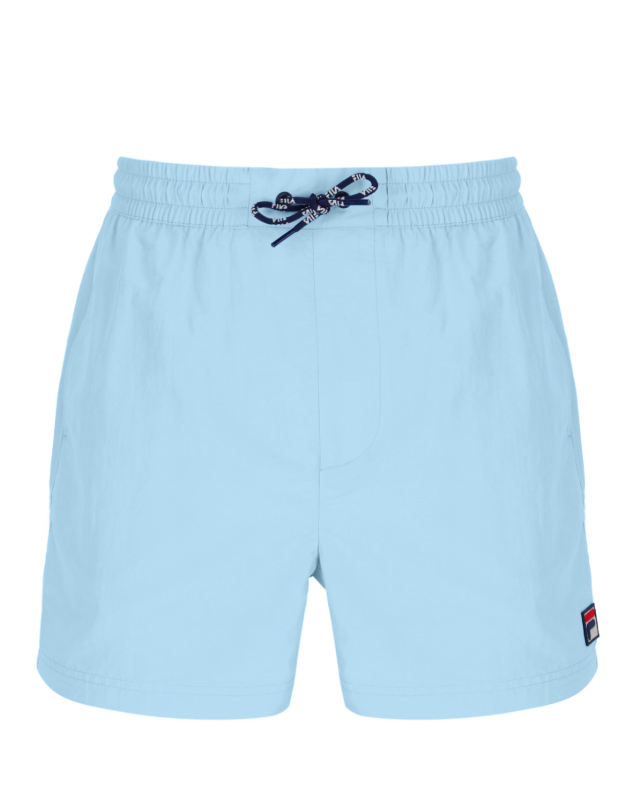 Fila Vintage Artoni swim shorts in skyway blue with a relaxed fit, featuring a drawstring waistband and bold Fila branding.