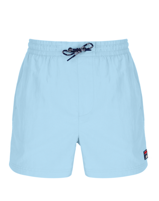 Fila Vintage Artoni skyway swim shorts with a vibrant blue pattern, featuring an elastic waistband and relaxed fit.