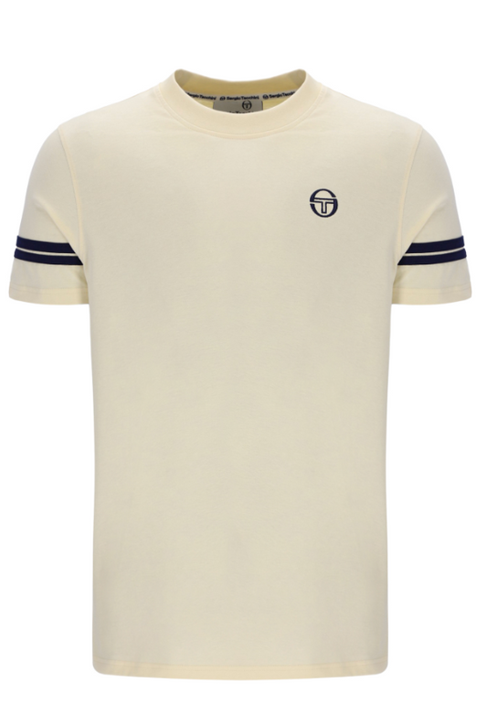 Sergio Tacchini Grello crew neck T-shirt in sandshell and maritime blue, shown on a plain background.