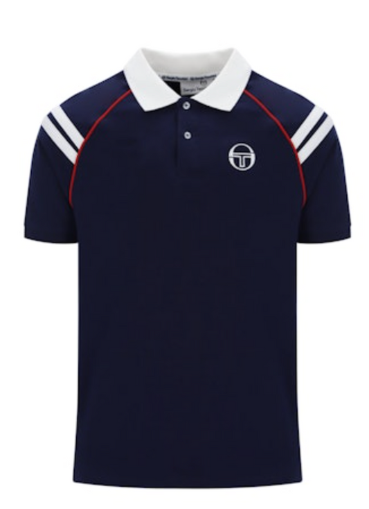 Navy and white Sergio Tacchini New Cortona polo shirt displayed on a model, featuring a classic collar and short sleeves.