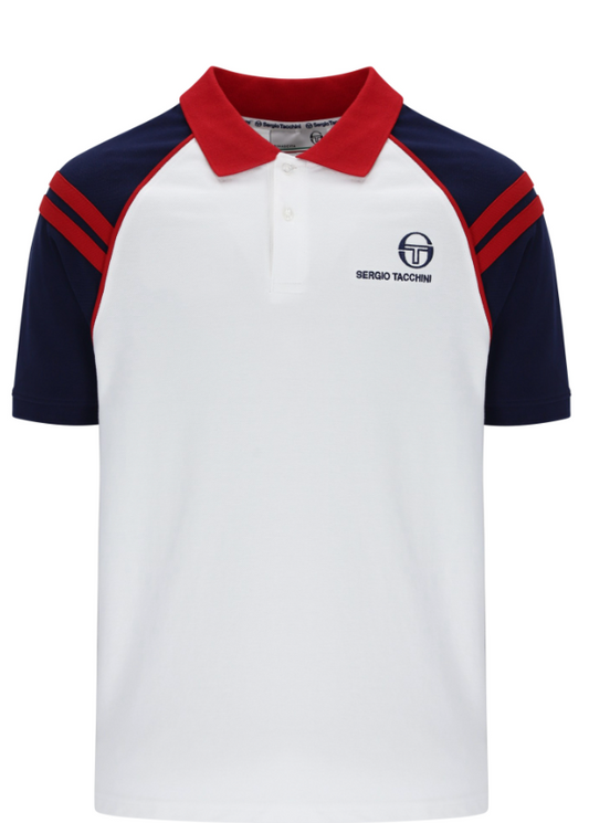 White and navy Sergio Tacchini Cortona polo shirt displayed on a hanger, showcasing a classic fit and collar design.