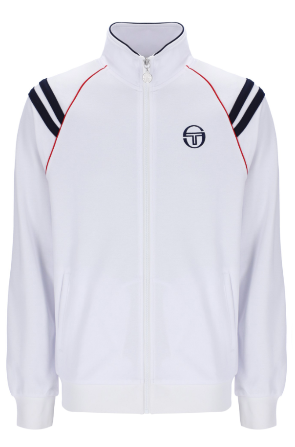 White and navy Sergio Tacchini New Cortona track top with logo detail, casual athletic style, shown on a hanger.