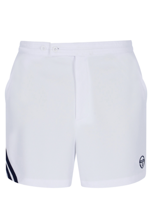 White and navy Sergio Tacchini tennis shorts with logo detail, featuring a comfortable fit and athletic design for active wear.