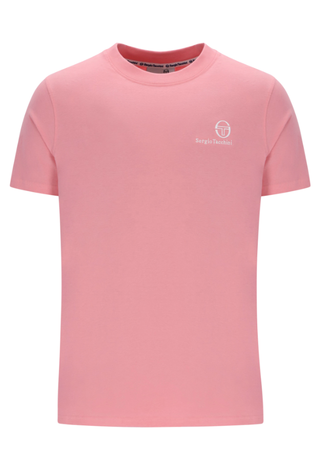 Sergio Tacchini Felton T-Shirt in vibrant geranium pink, soft cotton fabric, displayed on a flat surface.