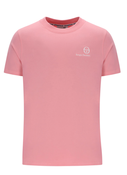 Sergio Tacchini Felton T-Shirt in vibrant geranium pink, soft cotton fabric, displayed on a flat surface.