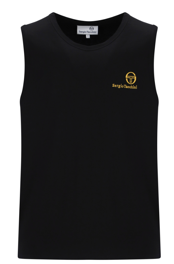 Black and gold Sergio Tacchini Sawyer vest with logo detailing, sleeveless design, and quilted fabric.