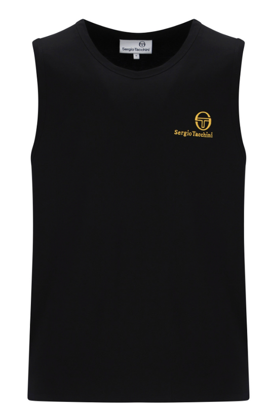 Black and gold Sergio Tacchini Sawyer vest with logo detailing, sleeveless design, and quilted fabric.