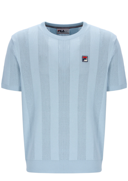 Fila Vintage Corrado knitted panel T-shirt in skyway color, featuring a classic knitwear design and branding details.