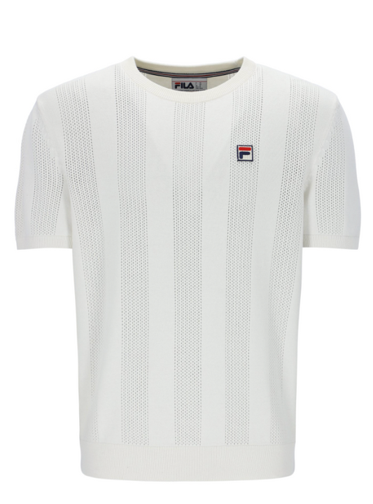 Fila Vintage Corrado knitted panel T-shirt in Gardenia color, featuring a classic knitwear design with brand logo and detailed fabric texture.
