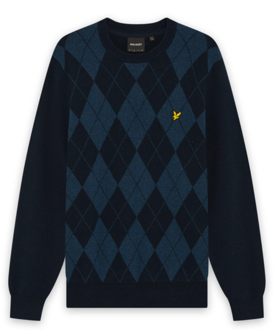 Lyle & Scott Cotton Merino Argyle Jumper Dark Navy Marl/Mid Navy Marl