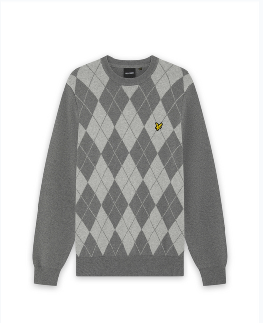 Lyle & Scott Cotton Merino Argyle Jumper Mid Grey Marl / Light Grey Marl