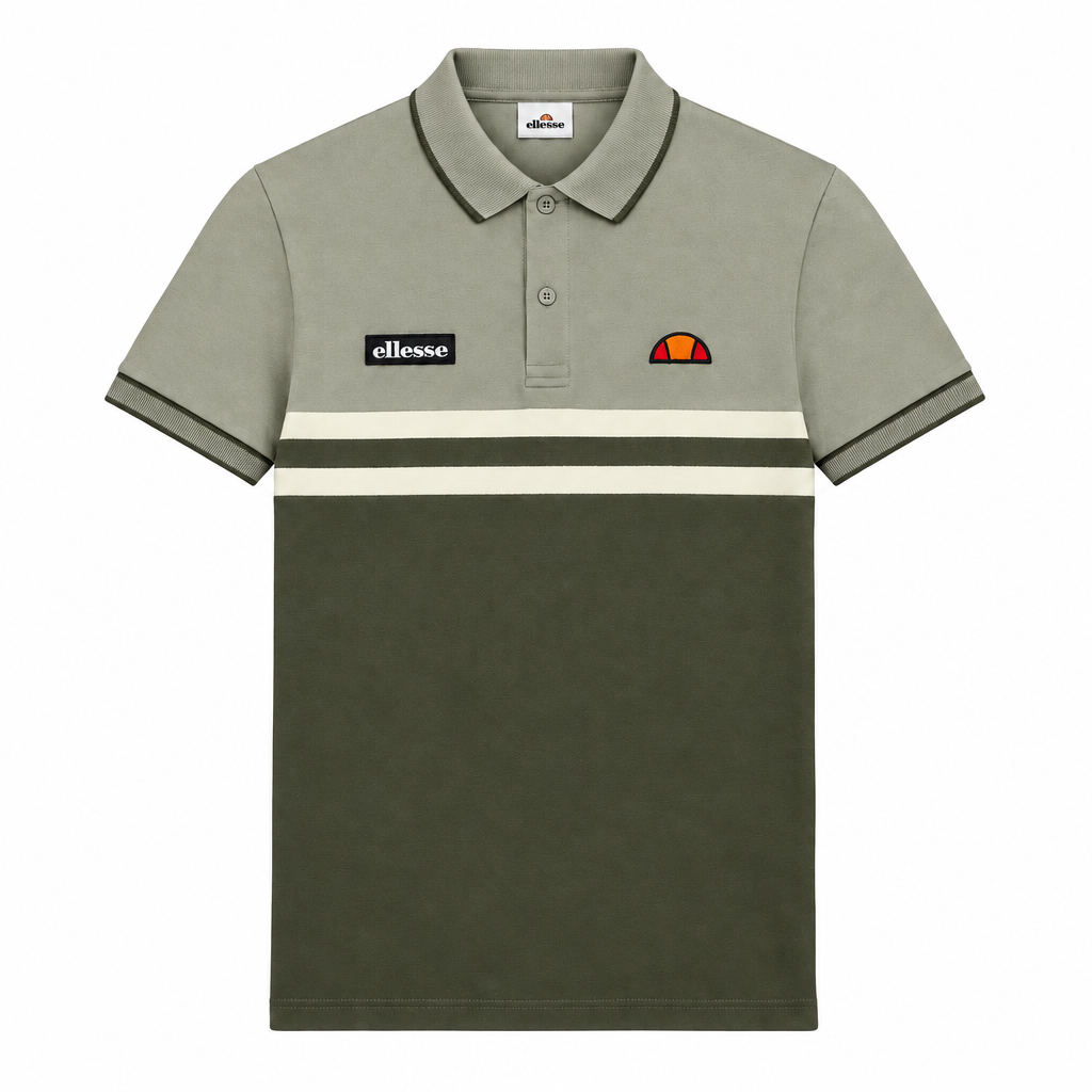 Olive green Ellesse Muccia polo shirt with classic collar and button placket, shown on a mannequin.