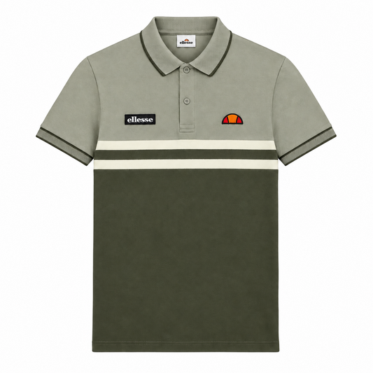 Olive green Ellesse Muccia polo shirt with classic collar and button placket, shown on a mannequin.