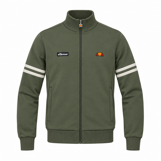Olive green Ellesse Roma track top with logo detail, casual athletic wear for men, featuring a zip-up front and ribbed cuffs.