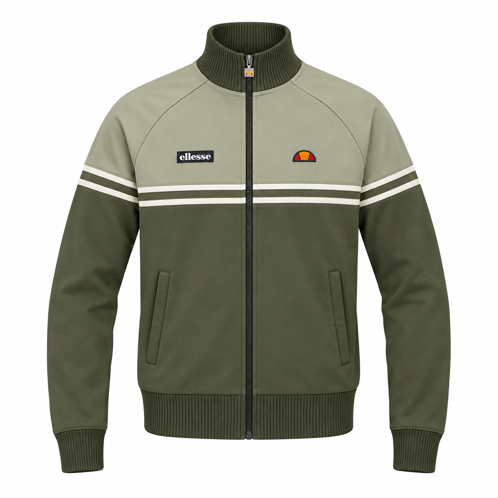 Olive green Ellesse Rimini track top with logo details, shown on a hanger against a plain background.