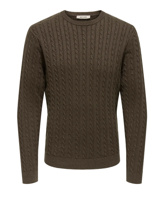 Only & Sons Cable Crew Knitted Jumper Brown - RD1 Clothing